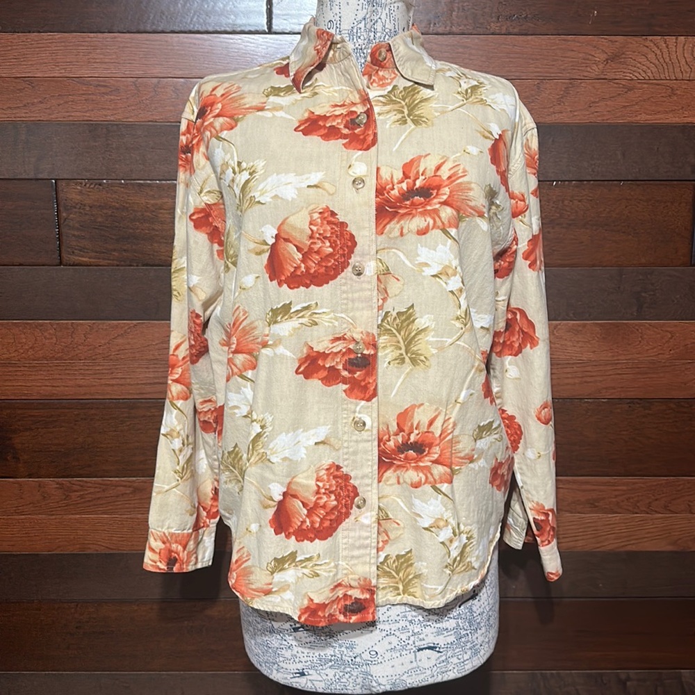 Keren Hart Collared Long Sleeve Tan and Orange Floral Button Down Blouse